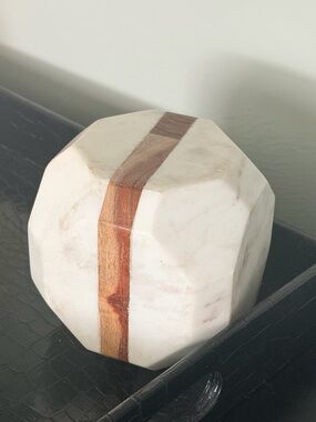 Anthropologie White Italian Marble Faceted Paperweight with Teak Inlay 4x4x4